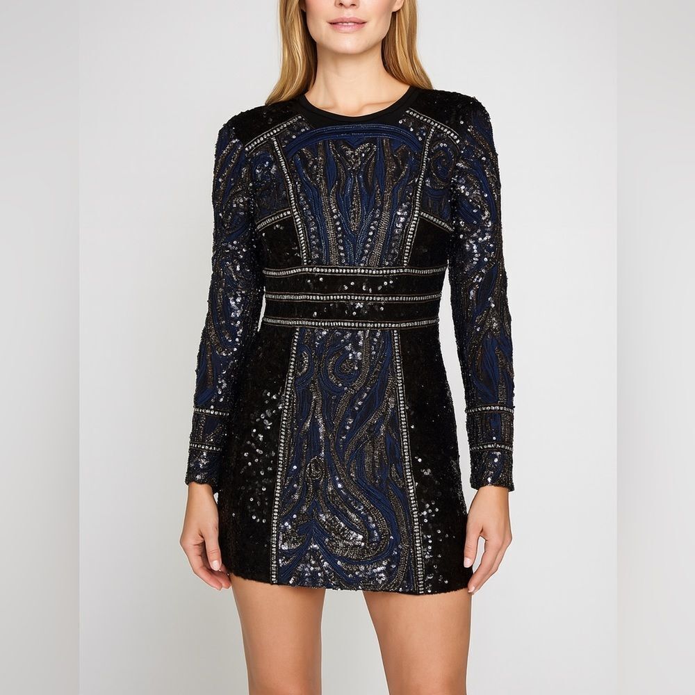 L'atiste Sequin Beaded Crew Neck Long Sleeve Mini Dress Size L